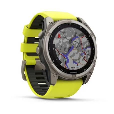 Ceas GARMIN fēnix 8 - 51mm Solar, Sapphire, Titan cu curea din silicon Amp Yellow/Graphite